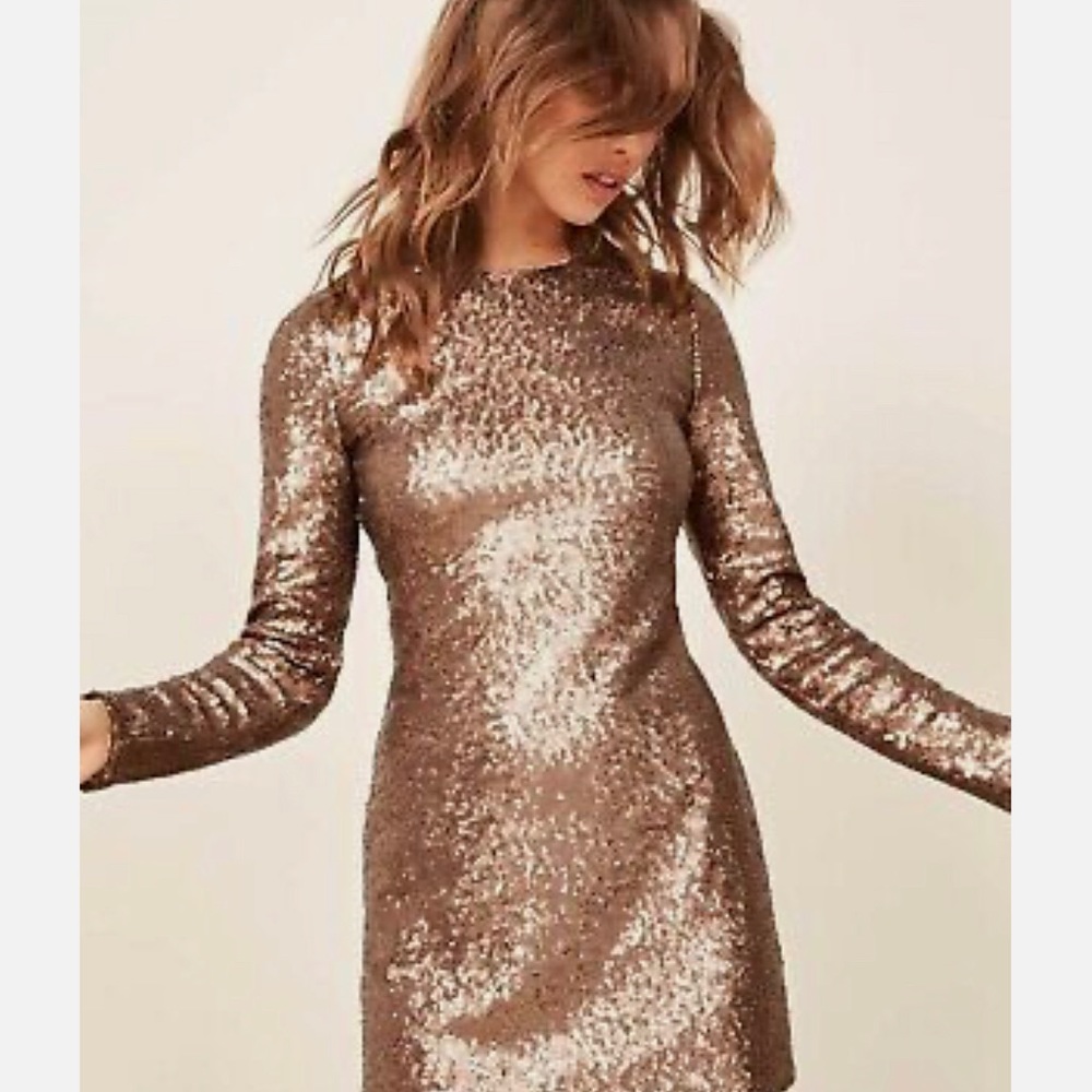 Reformation Gold Dusk Metallic Odeon long sleeve sequin dress